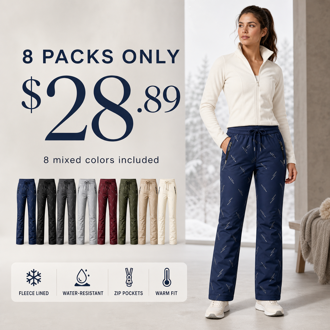 Women's Winter Fleece-Lined Warm Athletic Pants with Zippered Pockets 8/10/12 Pack