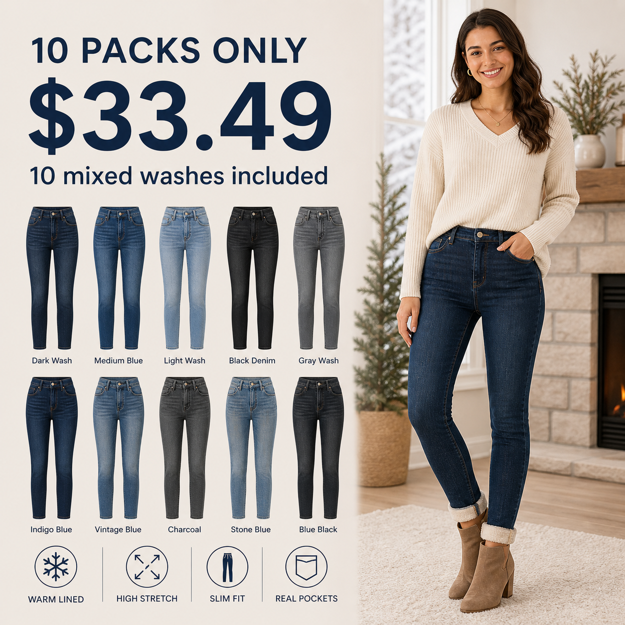 Women's Winter Warm Lined High Stretch Slim Fit Jeans 8/10/12 Pack