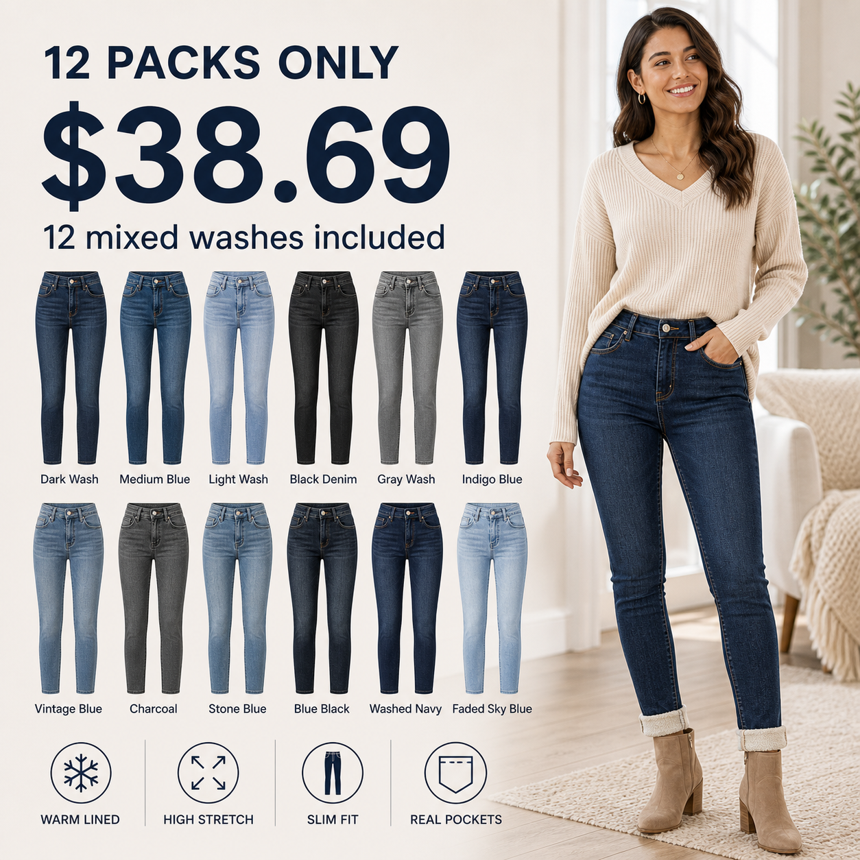 Women's Winter Warm Lined High Stretch Slim Fit Jeans 8/10/12 Pack