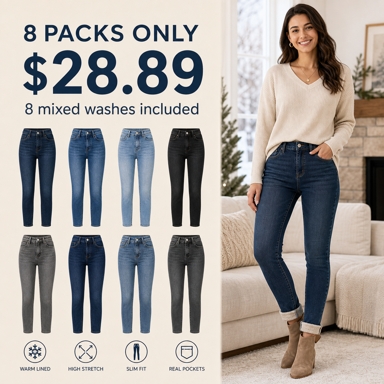 Women's Winter Warm Lined High Stretch Slim Fit Jeans 8/10/12 Pack