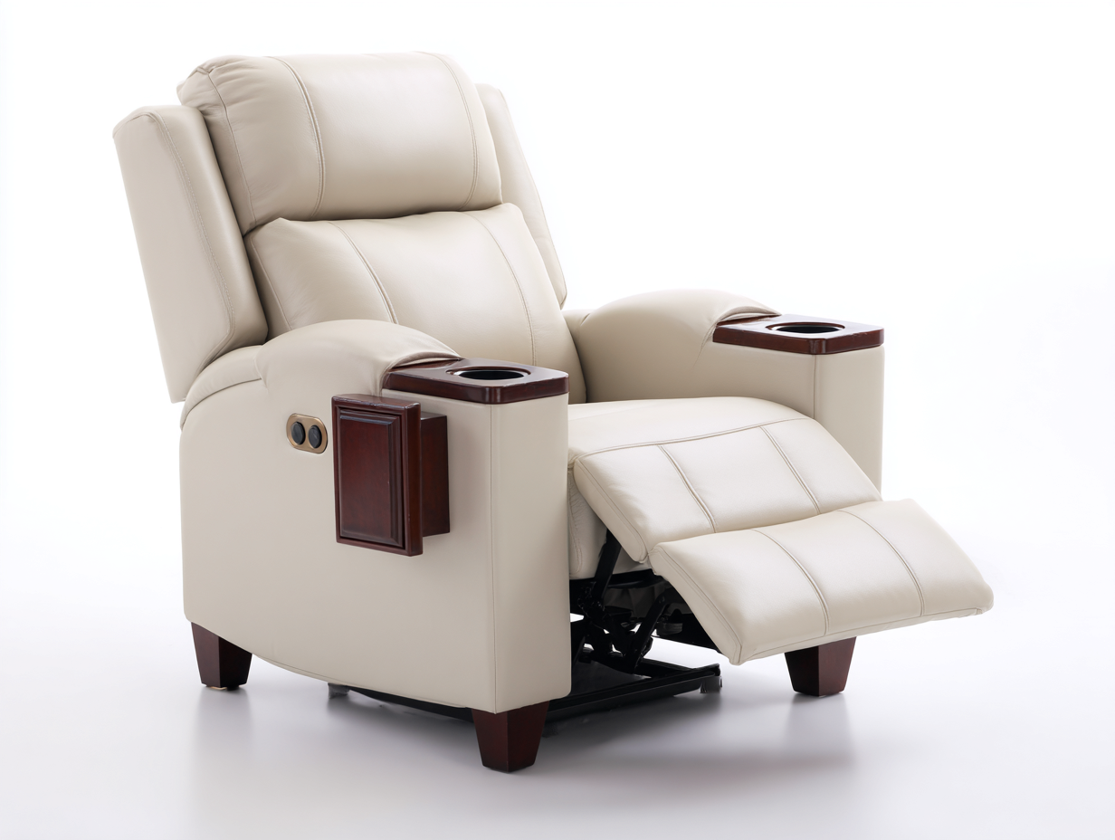 Sillones reclinables de piel sintética 97x92x106 cm - beige y marrón - reposapiés y portavasos-Nivairoom
