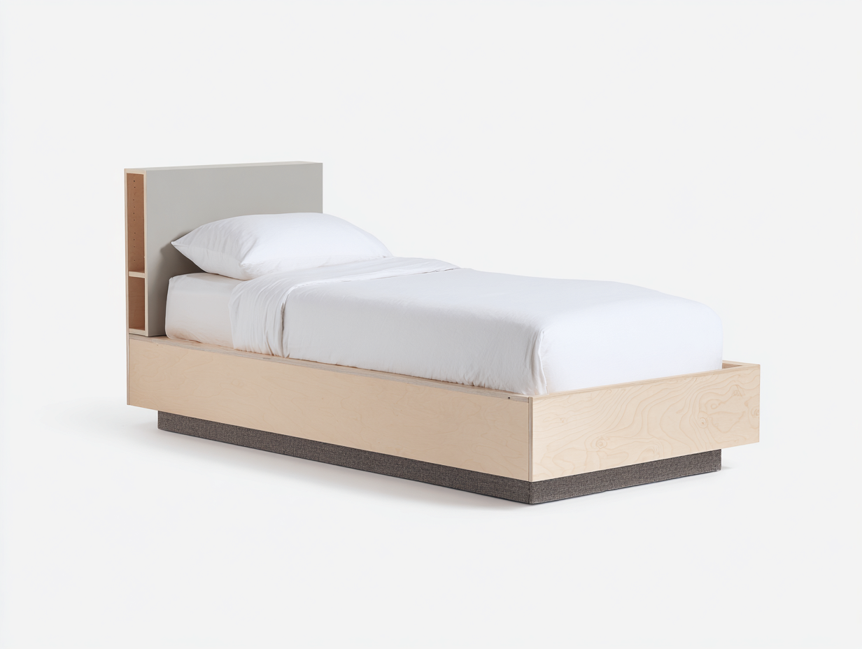 Camas individuales de madera clara y panel gris 210x100x100 cm para dormitorio - cabecero con lateral abierto diseño moderno-Nivairoom