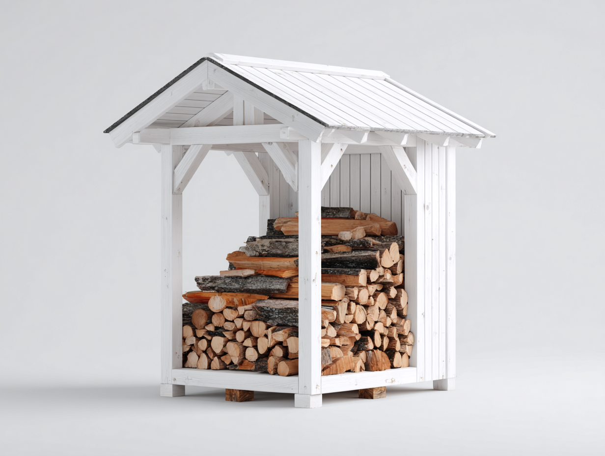 Leñero de jardín de madera 155x75x155 cm - Blanco - Estilo rústico con techo inclinado-Nivairoom