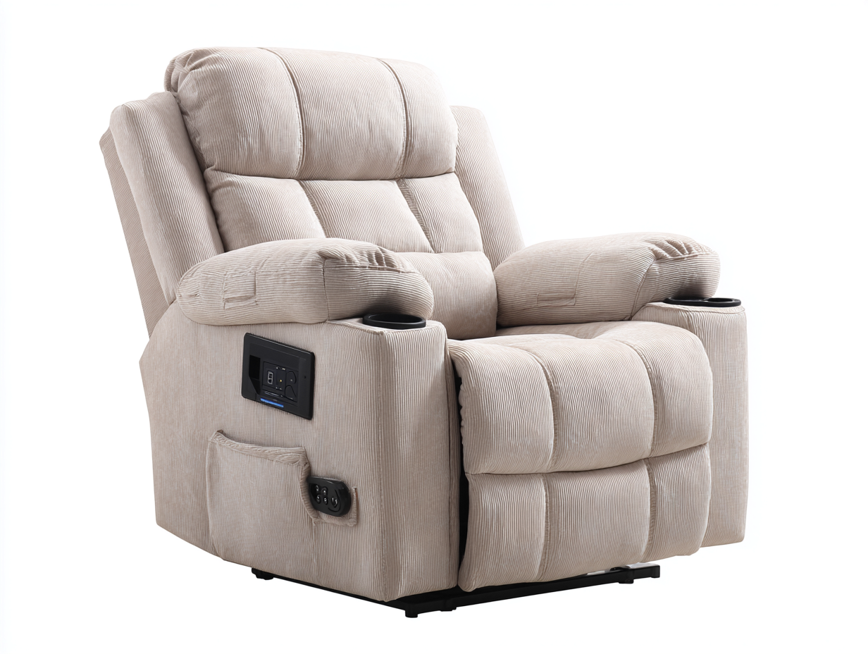 Sillones reclinables de pana 103x97x108 cm - beige y negro - diseño acolchado con reposapiés y portavasos para salón-Nivairoom