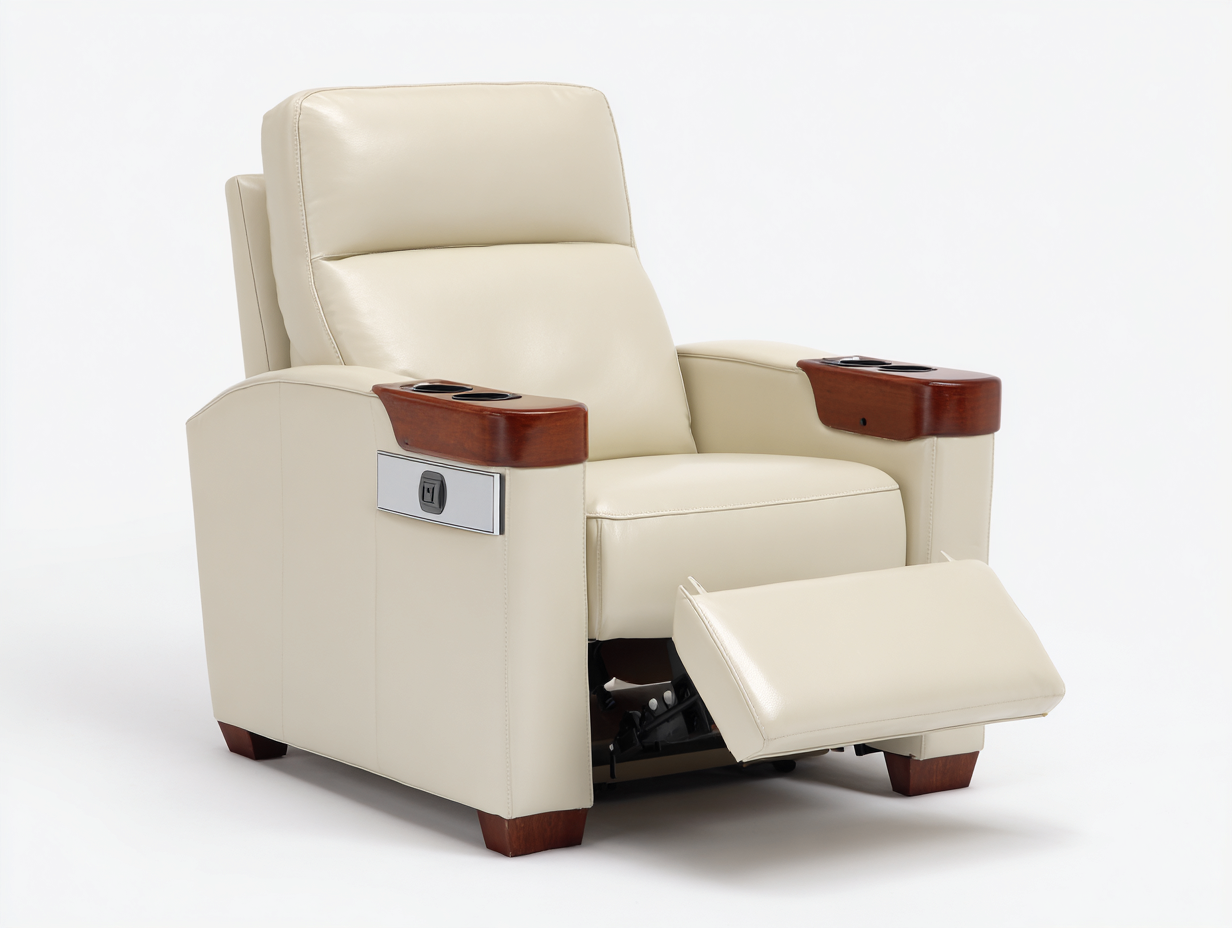 Sillones reclinables de piel sintética 92x89x106 cm - crema y marrón para salón - diseño con reposabrazos de madera-Nivairoom