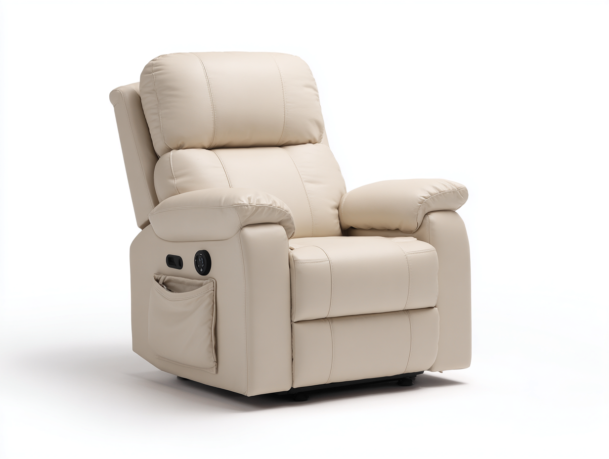 Sillones reclinables de piel sintética 93x90x107 cm - beige para salón - diseño acolchado con bolsillo lateral-Nivairoom