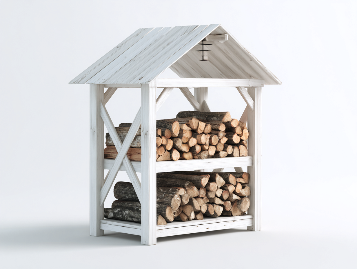 Leñero de jardín de madera 130x70x160 cm - Blanco - Estilo rústico con dos niveles-Nivairoom
