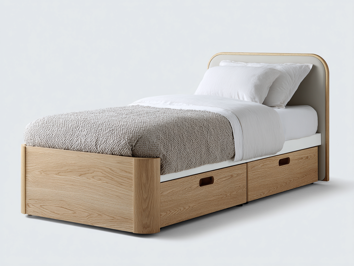 Camas individuales de madera 205x100x95 cm - madera natural-blanco - diseño moderno con almacenaje para dormitorio-Nivairoom