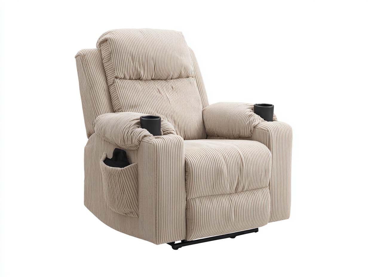 Sillones reclinables de pana 96x92x108 cm - beige para salón - diseño acolchado con portavasos-Nivairoom