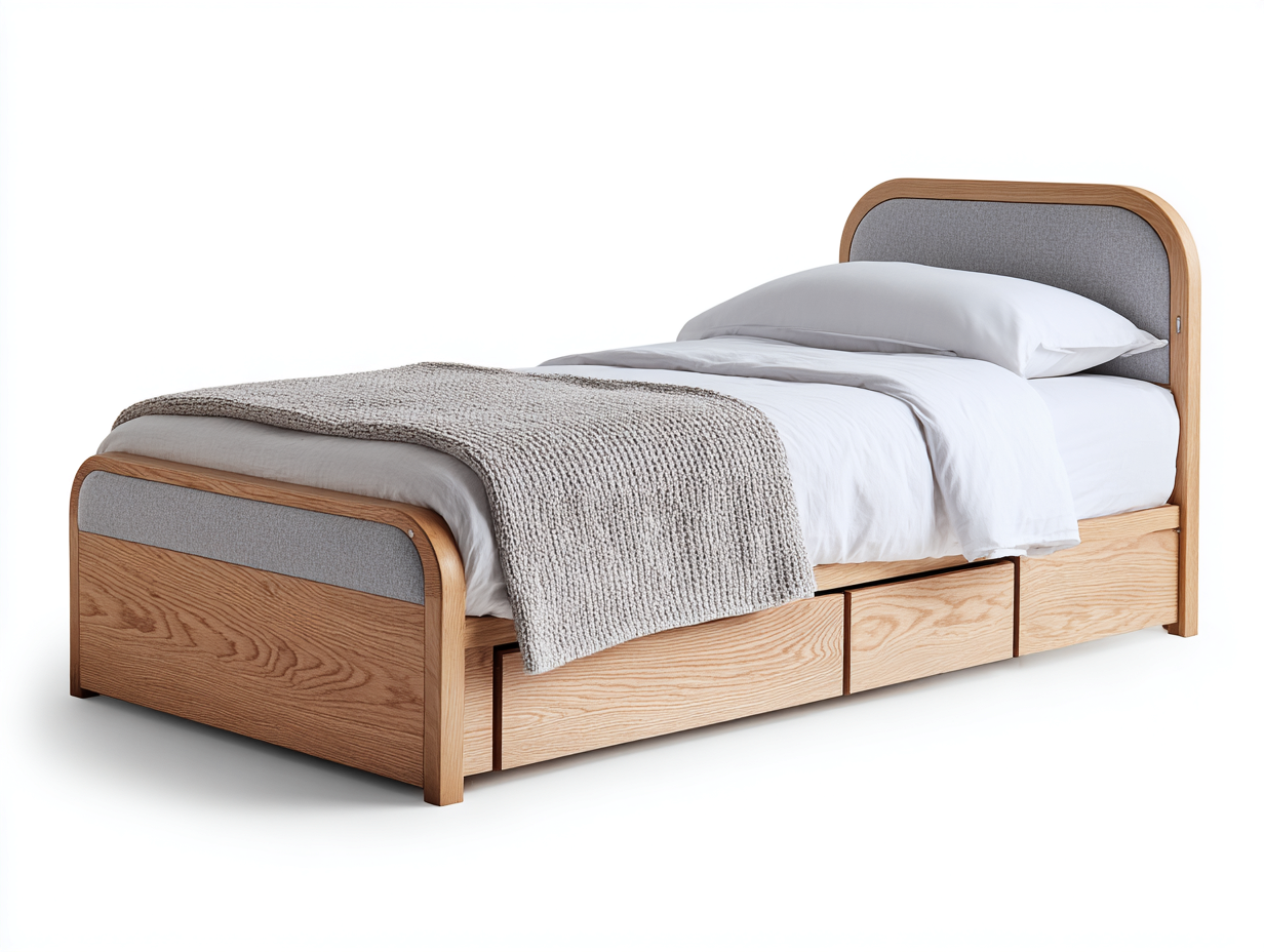 Camas individuales de madera natural y tela gris 210x100x105 cm para dormitorio - con cajones diseño moderno-Nivairoom