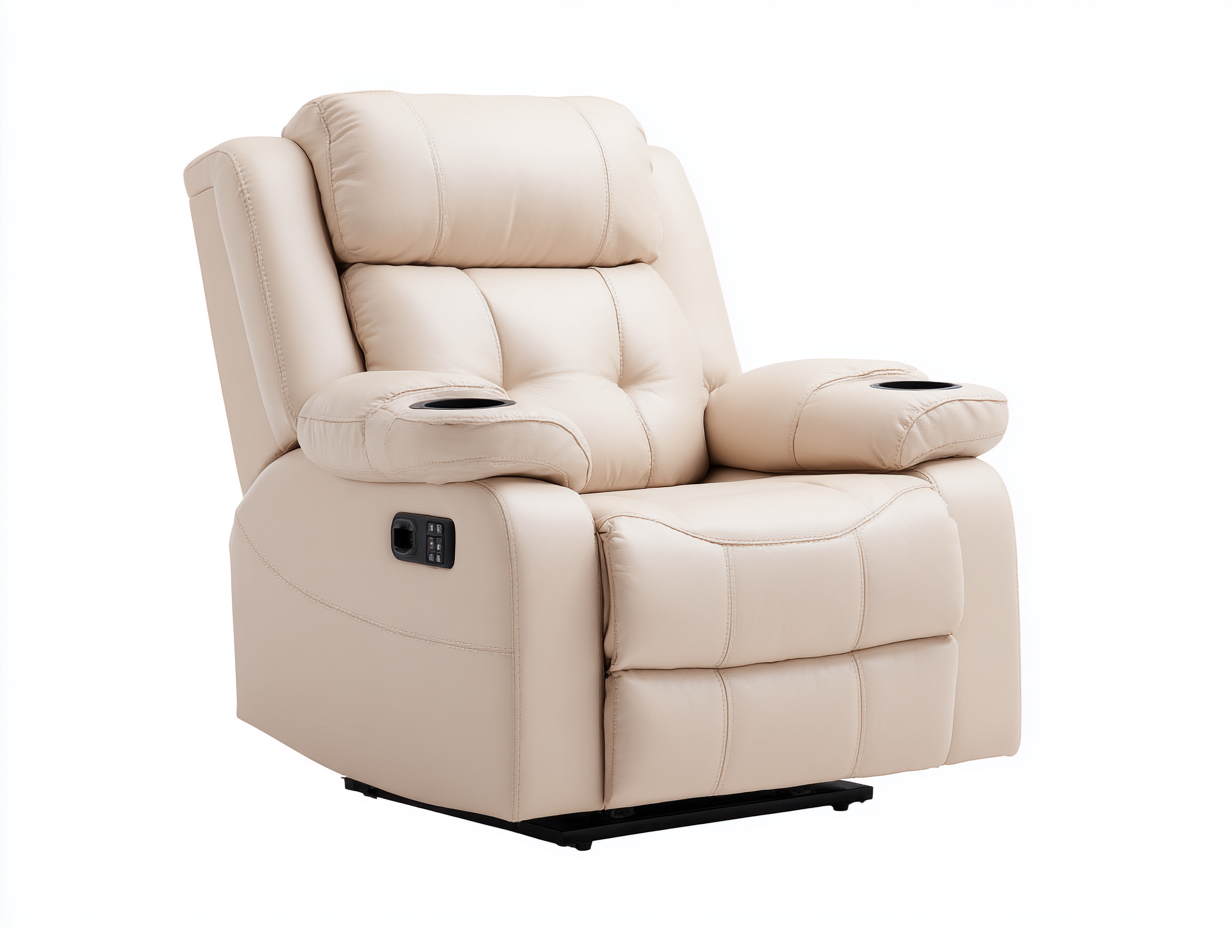 Sillones reclinables de piel sintética 94x98x106 cm beige - diseño acolchado para salón con portavasos-Paroraliving