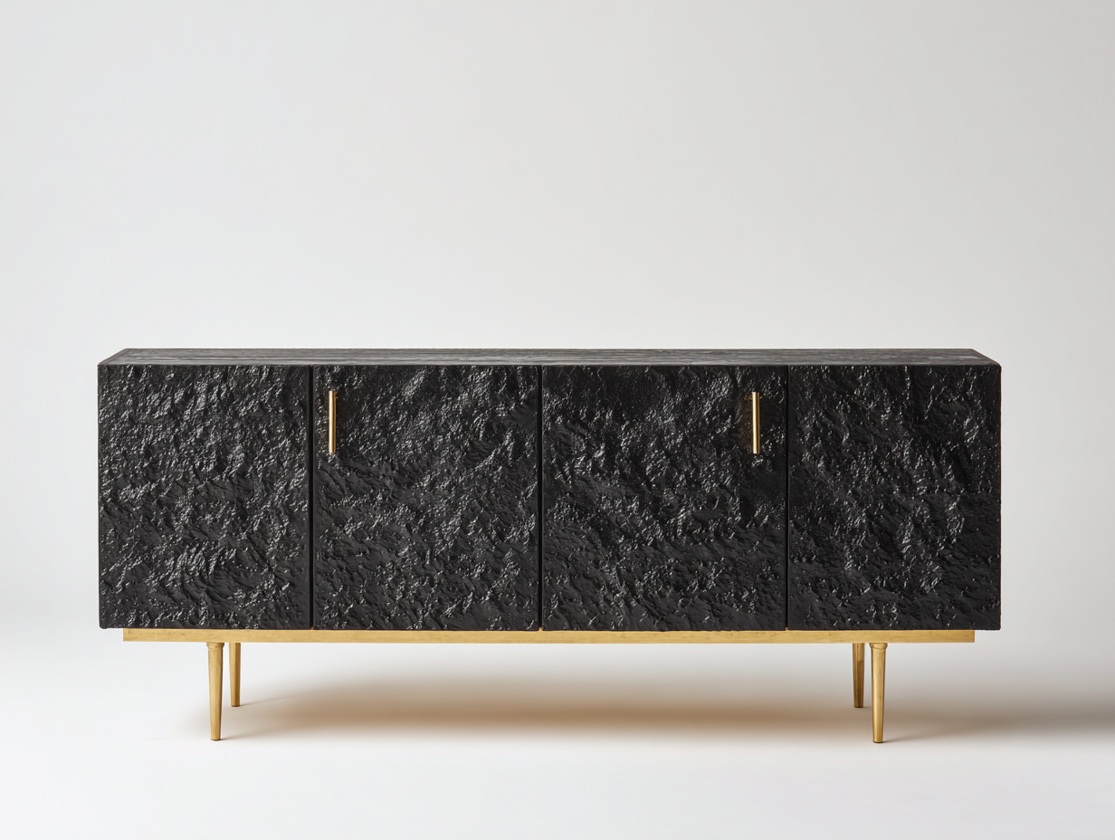 Mueble recibidor 180x40x75 cm en madera de ingeniería negro y dorado - 4 puertas - diseño moderno para entrada-Paroraliving