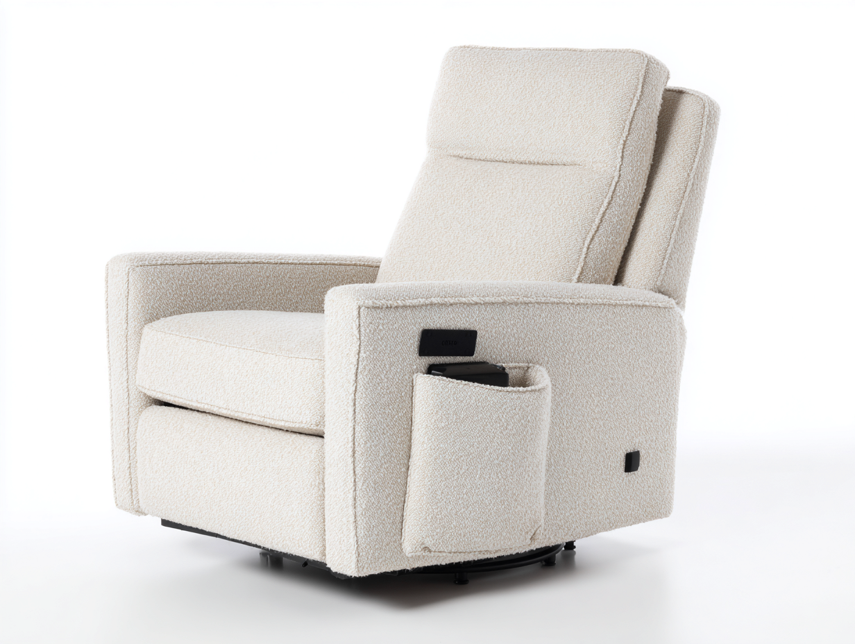 Sillón reclinable 92x90x104 cm en tela bouclé beige - bolsillo lateral y mando integrado - diseño giratorio para salón-Paroraliving