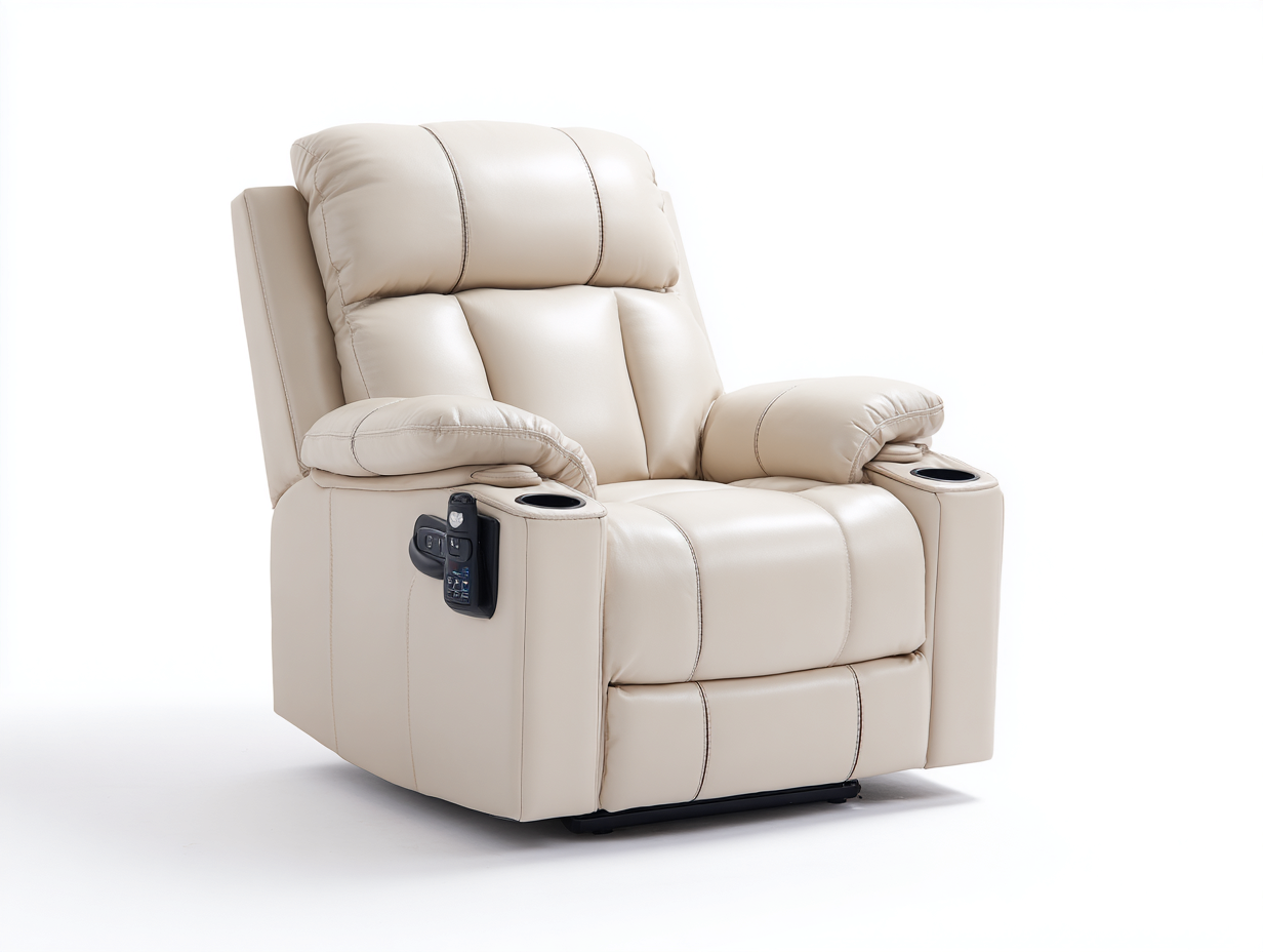 Sillón reclinable 100x94x106 cm en cuero sintético beige - portavasos y mando lateral - diseño eléctrico para salón-Paroraliving
