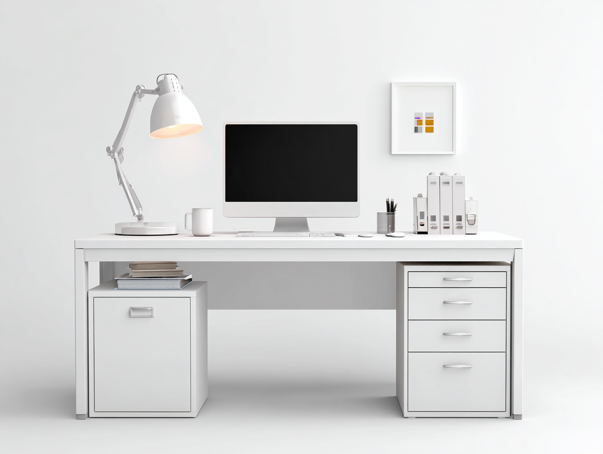 Mesa de oficina 170x60x75 cm en madera de ingeniería blanca - 1 puerta y 4 cajones - diseño moderno para despacho-Paroraliving