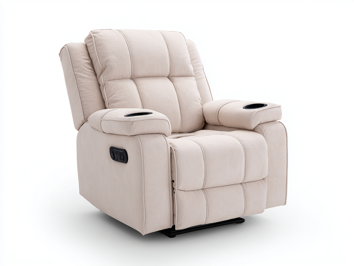 Sillones reclinables 102x95x110 cm - tapizado beige con portavasos y control lateral - diseño acolchado para salón-Paroraliving