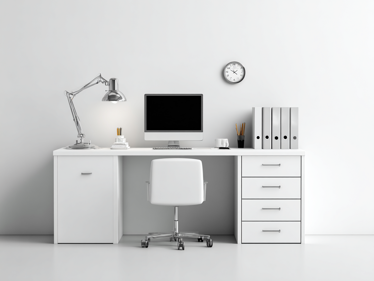 Mesas de oficina de madera 180x60x76 cm blanco - diseño moderno con puerta y 4 cajones-Paroraliving