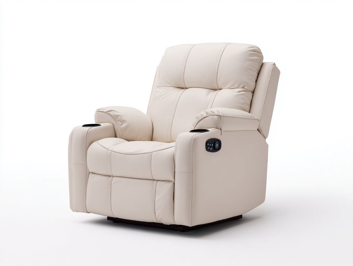 Sillones reclinables de piel sintética 92x98x105 cm beige - diseño acolchado para salón con portavasos-Paroraliving