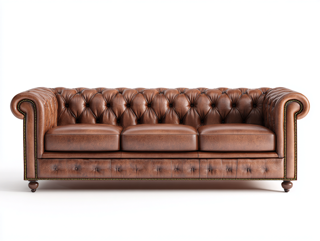 Sofá 3 plazas 220x88x75 cm en cuero sintético marrón - capitoné y brazos enrollados - estilo Chesterfield para salón-Paroraliving