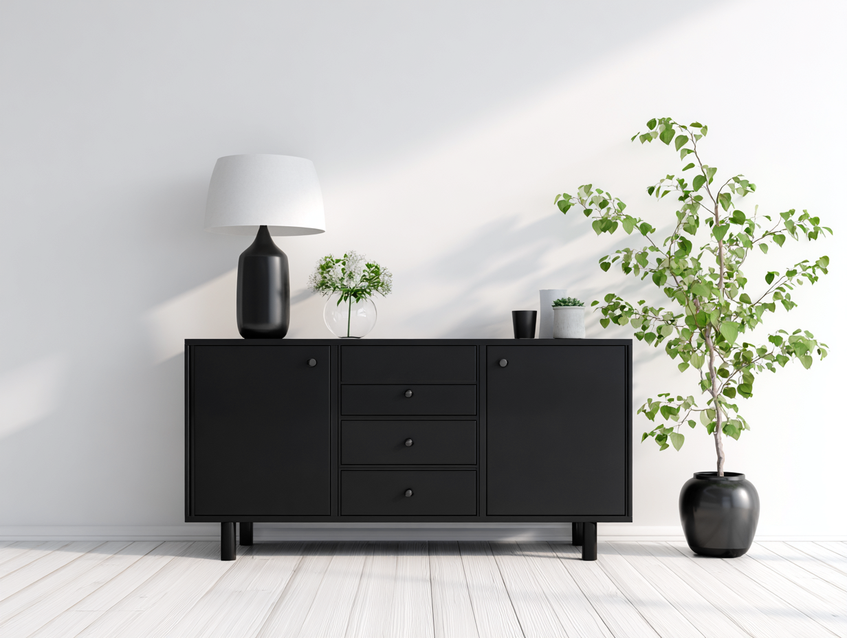 Mueble recibidor 140x40x78 cm - madera en negro mate - diseño moderno con puertas y cajones-Paroraliving