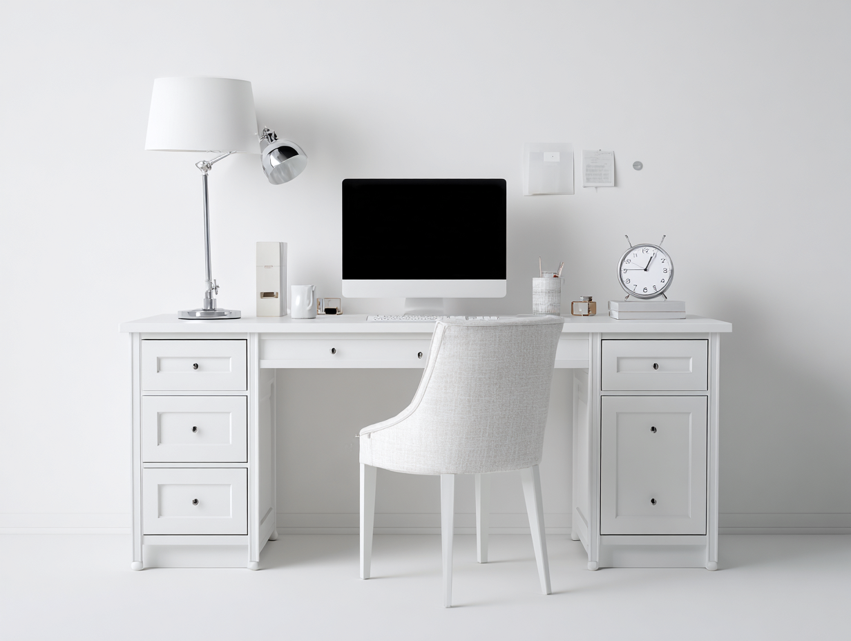 Mesas de oficina de madera 175x60x78 cm blanco - estilo clásico con puerta y 5 cajones-Paroraliving