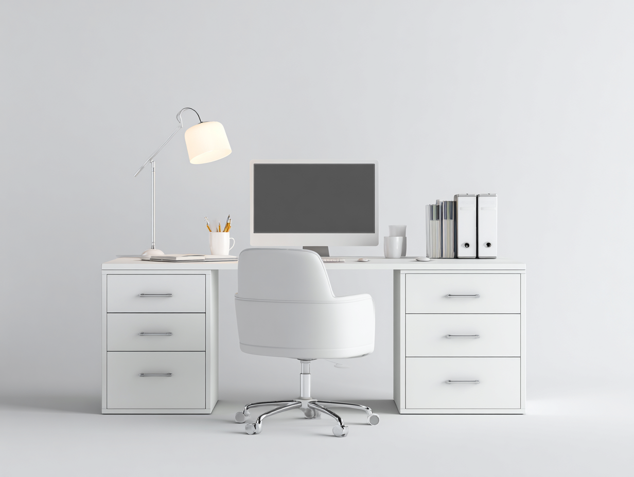 Mesa de oficina 160x60x75 cm en madera de ingeniería blanca - 6 cajones - diseño moderno para despacho-Paroraliving