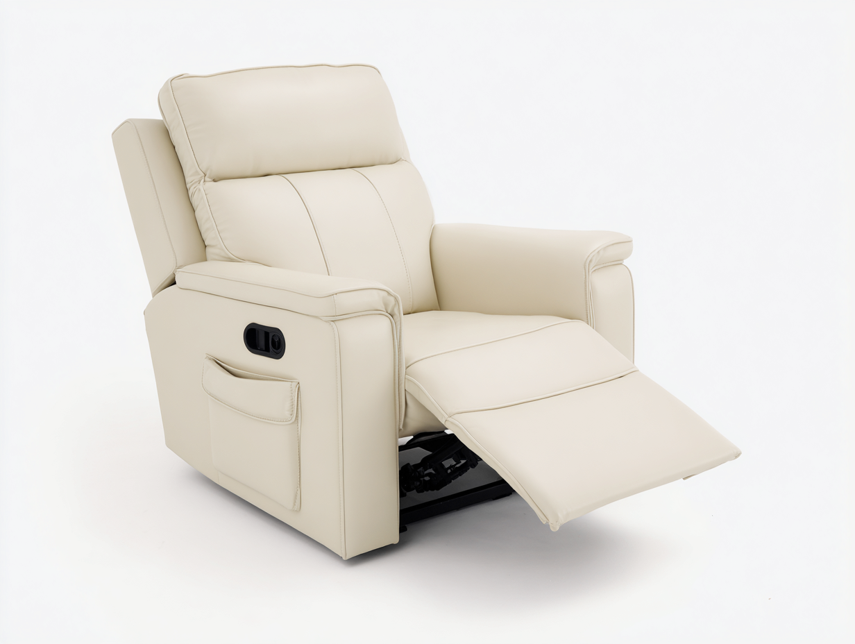 Sillón reclinable 95x90x103 cm en cuero sintético beige - reposapiés extensible y bolsillo lateral - diseño cómodo para salón-Paroraliving