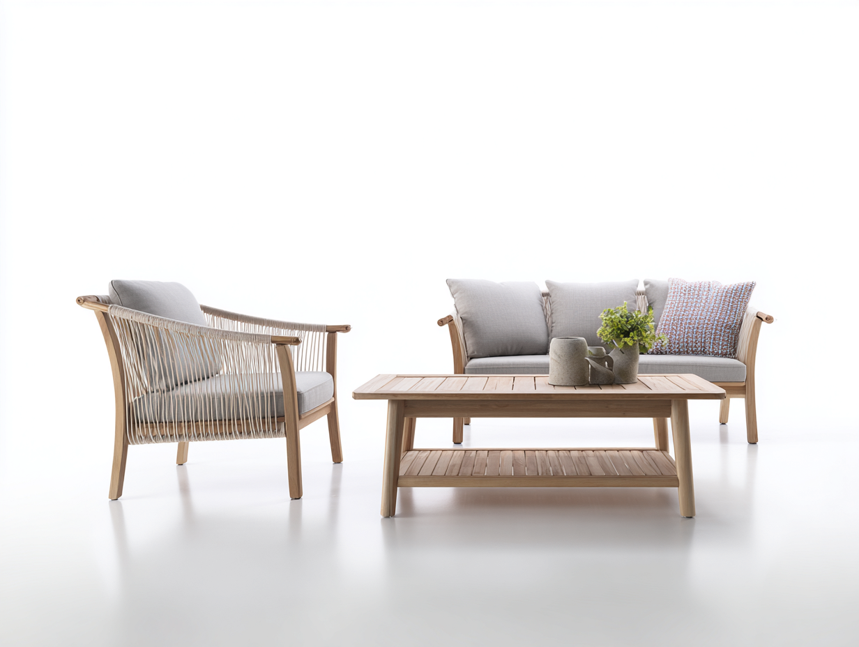 Gartensofa Set Holz Seilgeflecht 180x78x78 cm - Natur und Grau - Modernes Loungedesign-Vilanihome