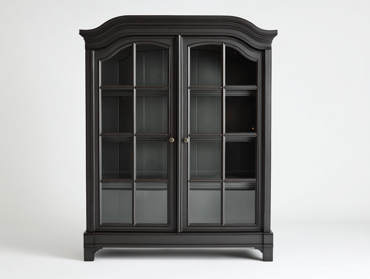 Vitrinen Schrank Holzwerkstoff und Glas 125 x 45 x 185 cm - Schwarzgrau - 2 Glastüren klassisch-Vilanihome