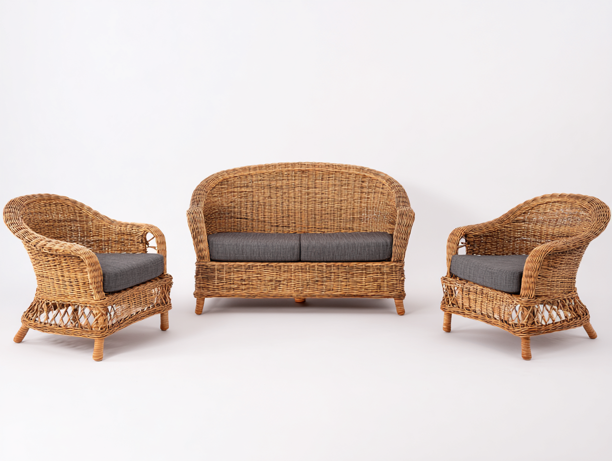 Gartensofa Set Rattangeflecht mit 2 Sesseln 130x70x85 cm - Naturfarben Grau - Klassischer Stil-Vilanihome
