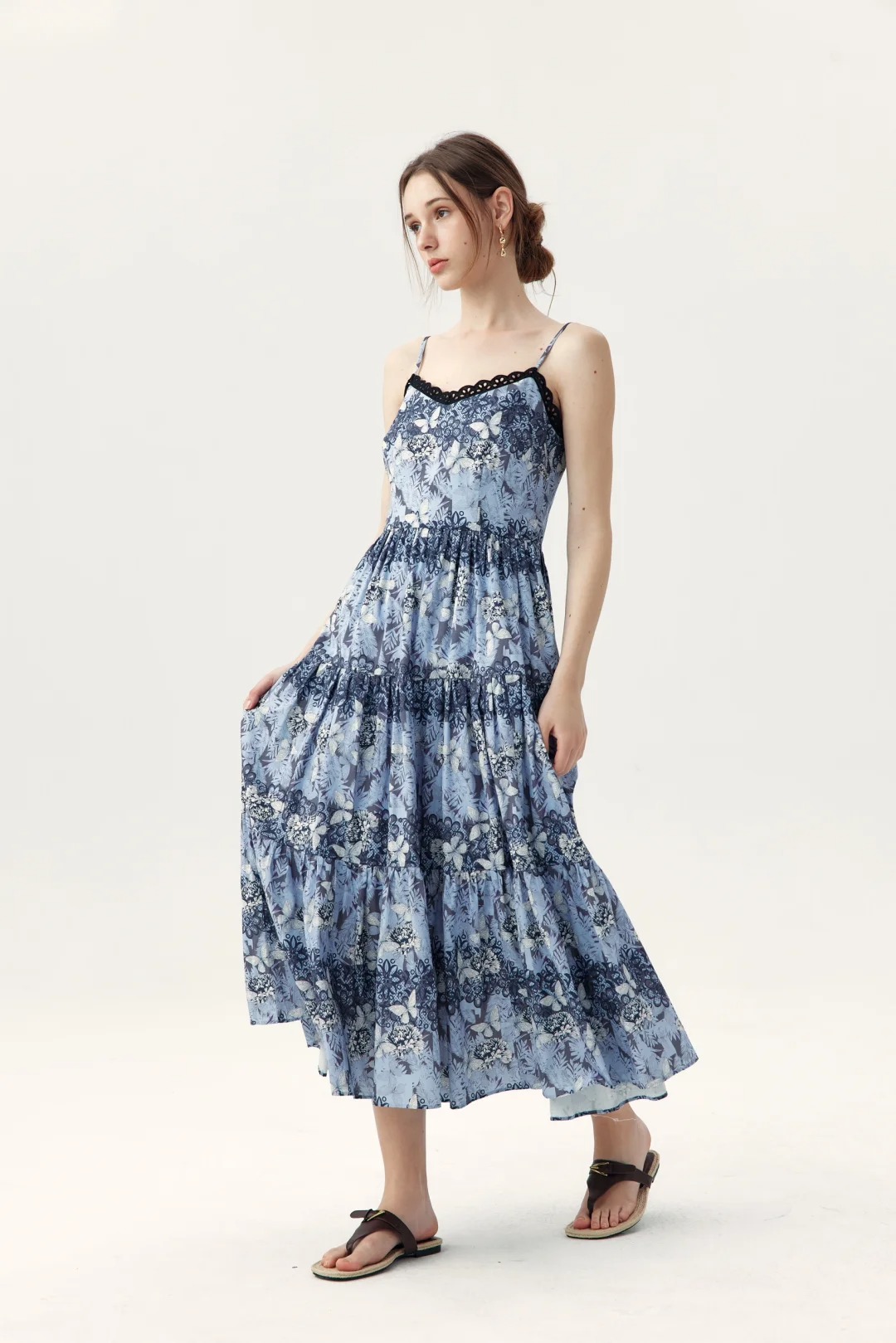 Blue printed tiered maxi dress with black lace trim
