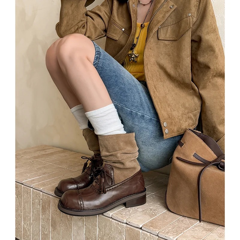 Brown color-block slouchy ankle boots