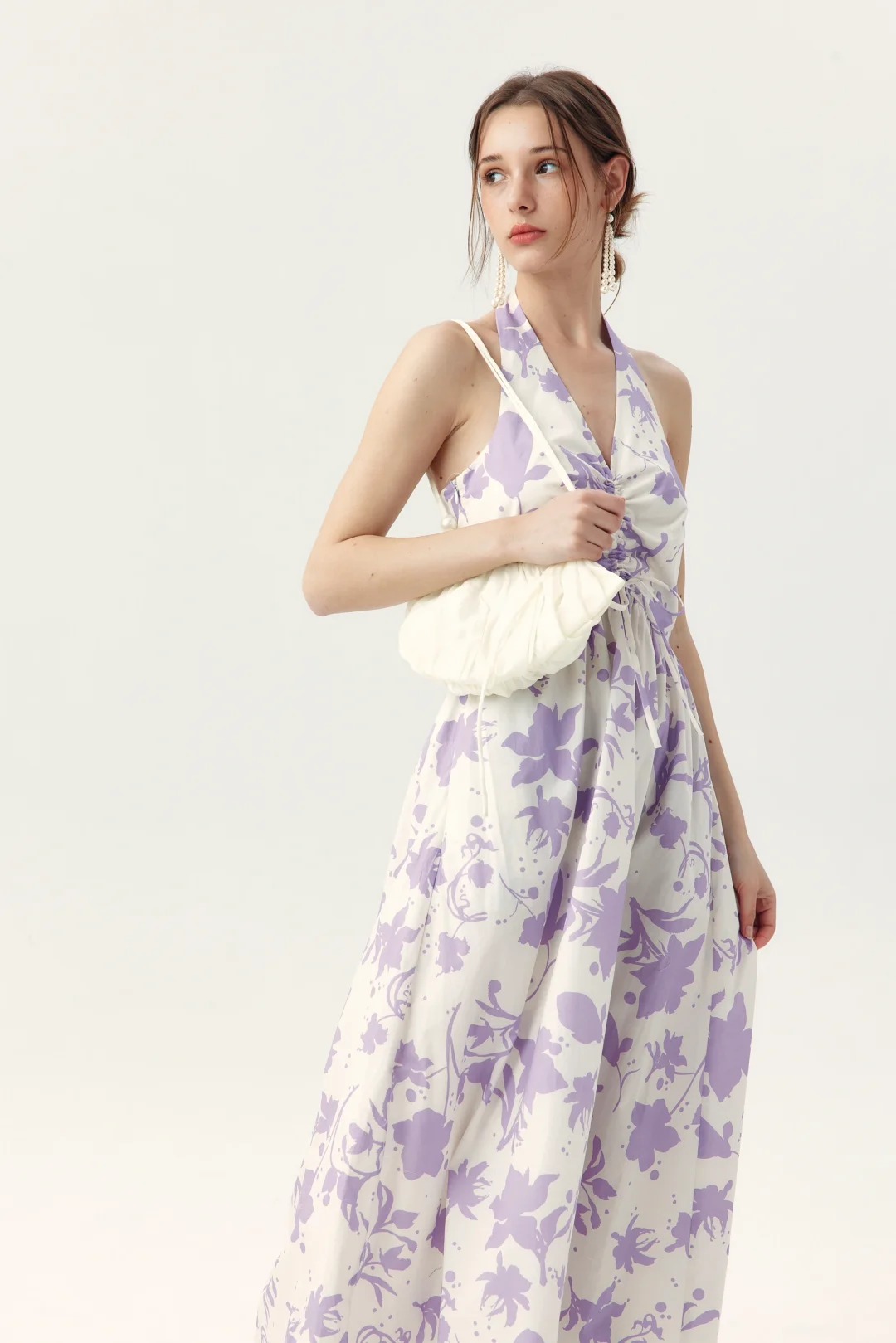 Purple floral print halter-neck maxi dress