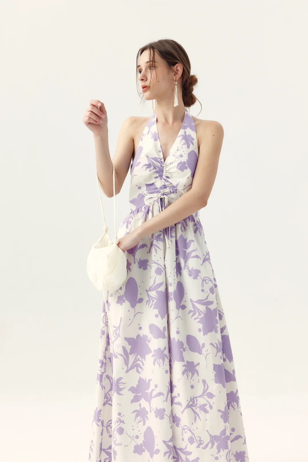 Purple floral print halter-neck maxi dress