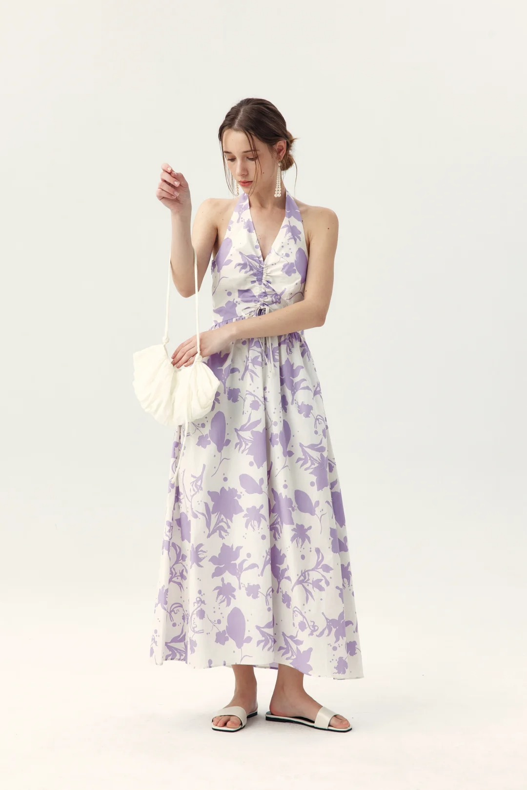 Purple floral print halter-neck maxi dress