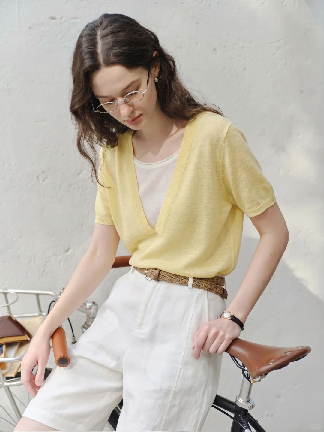 Lemon yellow fake two-piece sweater
