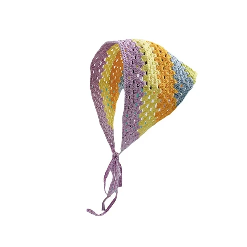 Fresh candy-colored striped openwork knitted headscarf