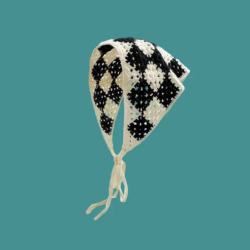 Black and white checkerboard pattern crochet headscarf