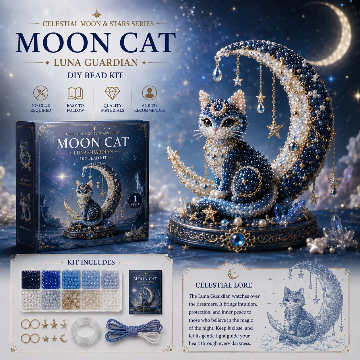 🌙 Moon Cat Luna Guardian DIY Bead Kit | Celestial Moon & Stars Series