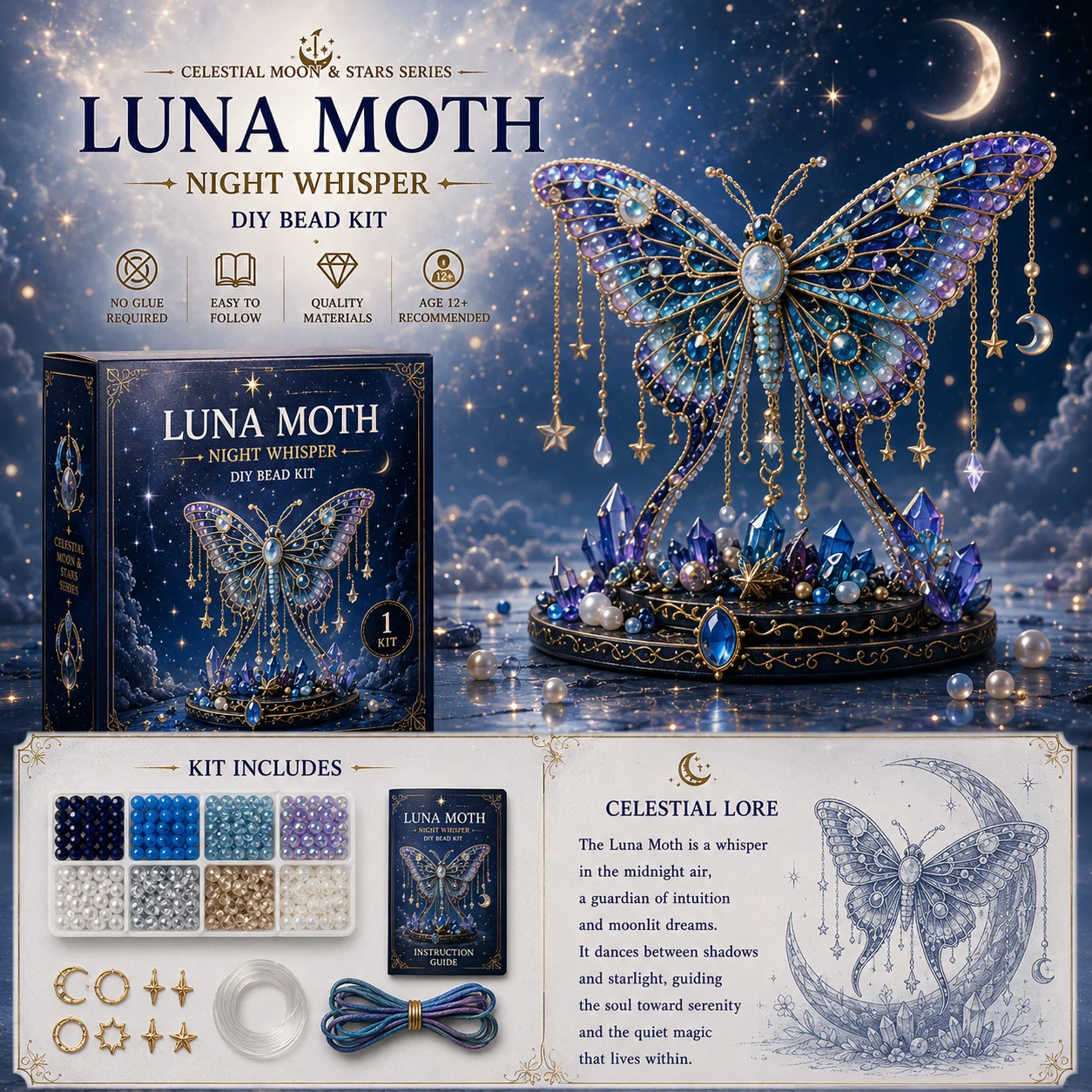 🌙 Moon Cat Luna Guardian DIY Bead Kit | Celestial Moon & Stars Series