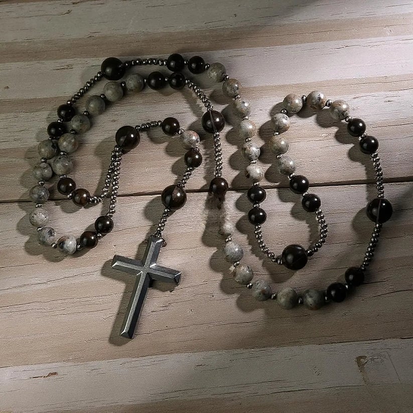 Natural Obsidian Yooperlite Rosary Necklace, UV Reactive Energy Protection Healing Crystal