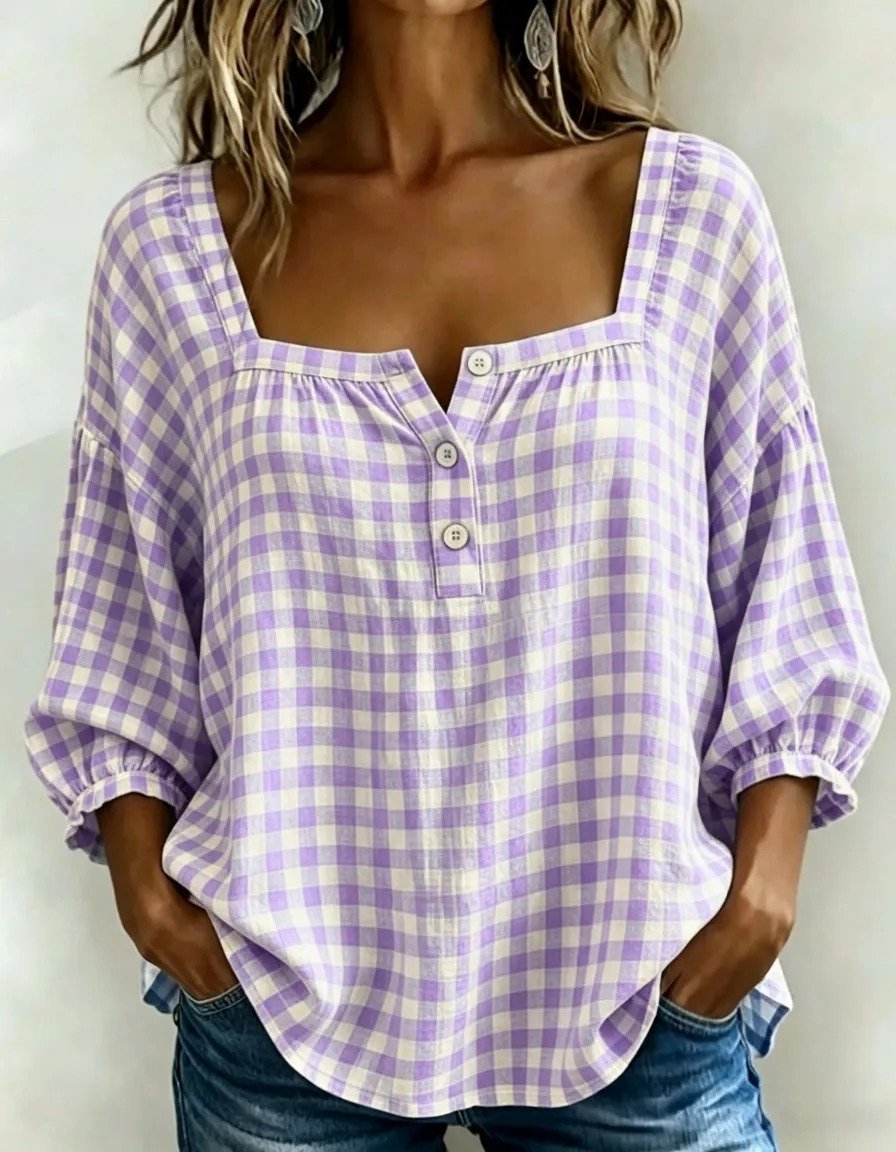 🔥LAST DAY 49% OFF - 🌸Women's Cotton Linen Gingham Square-Neck Short-Sleeve Top