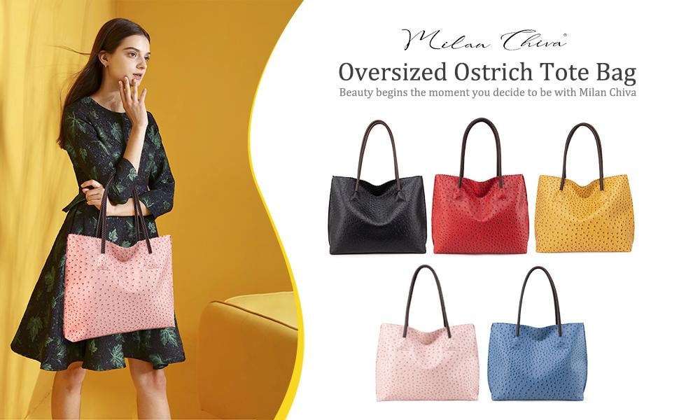 Milan Chiva Women's Oversized Ostrich-Print Vegan Leather Tote Bag, Casual and Stylish Zipper Bag, Leopard-Print Lining, Casual Commuter Bag, Minimalist Shoulder Bag
