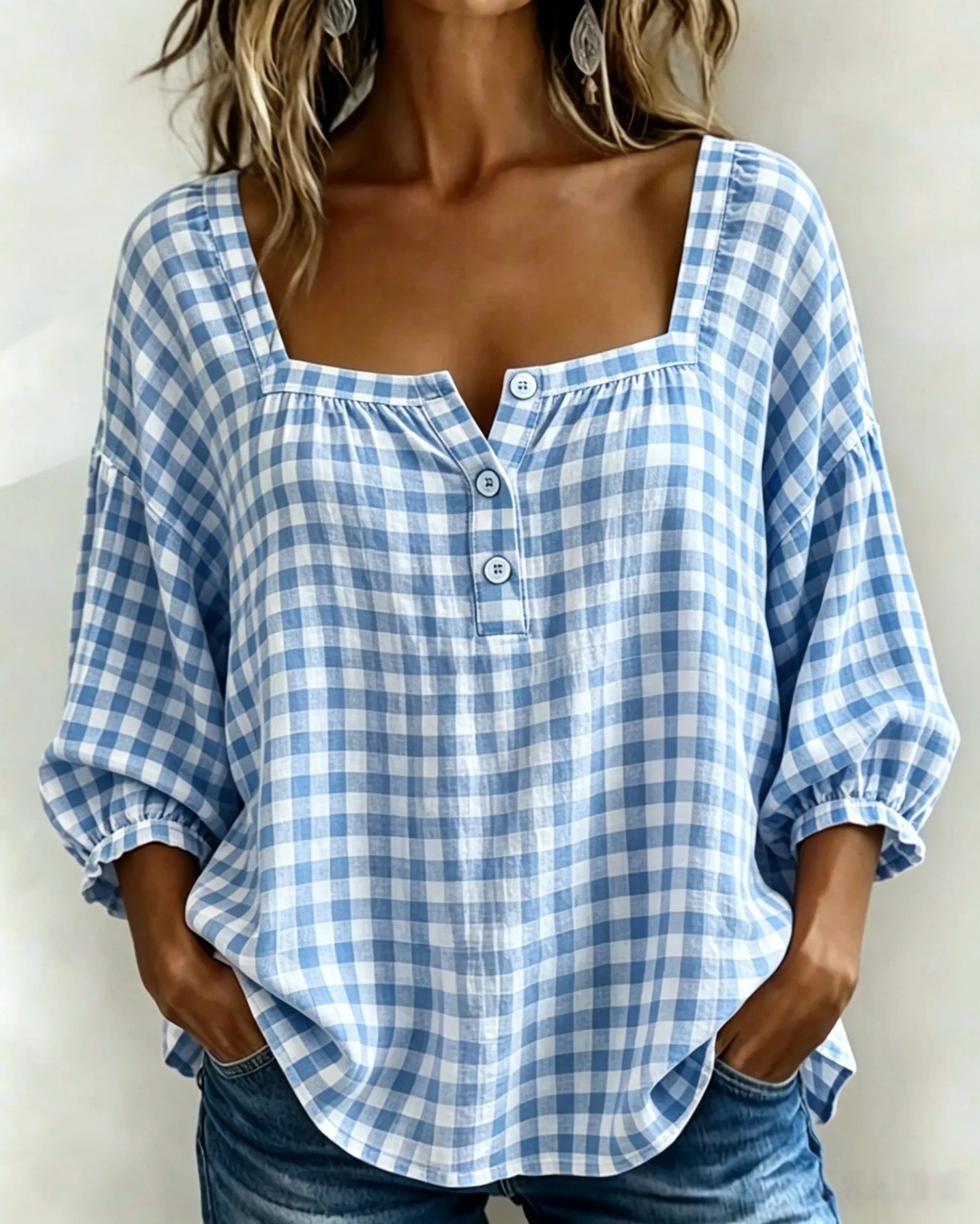 🔥LAST DAY 49% OFF - 🌸Women's Cotton Linen Gingham Square-Neck Short-Sleeve Top