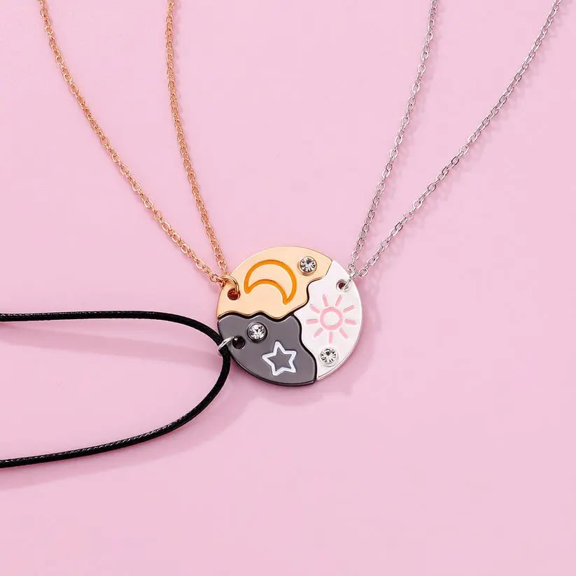 Set of 3 Round Rhinestone Star Moon Sun Friendship Necklaces