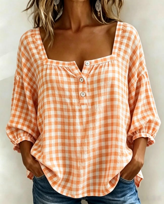 🔥LAST DAY 49% OFF - 🌸Women's Cotton Linen Gingham Square-Neck Short-Sleeve Top