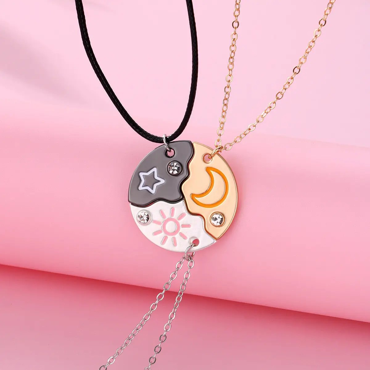 Set of 3 Round Rhinestone Star Moon Sun Friendship Necklaces