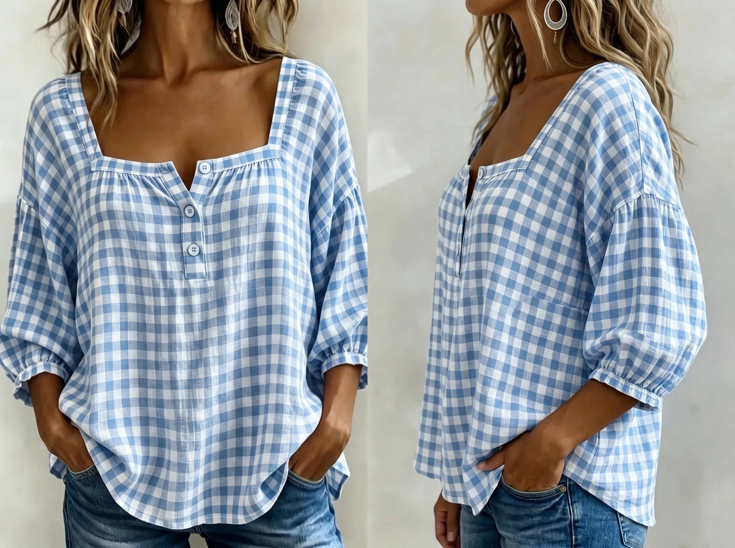 🔥LAST DAY 49% OFF - 🌸Women's Cotton Linen Gingham Square-Neck Short-Sleeve Top