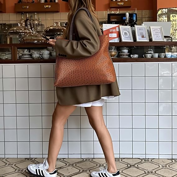 🔥LAST DAY 49% OFF - Milan Chiva Women's Oversized Ostrich-Print Vegan Leather Tote Bag