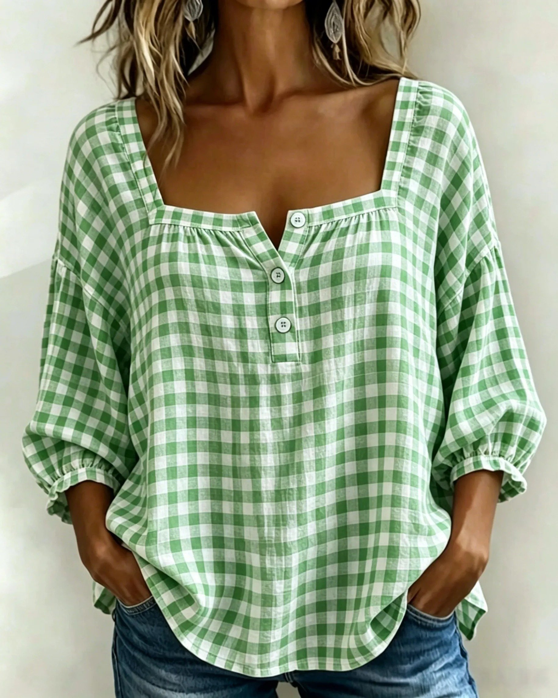 🔥LAST DAY 49% OFF - 🌸Women's Cotton Linen Gingham Square-Neck Short-Sleeve Top